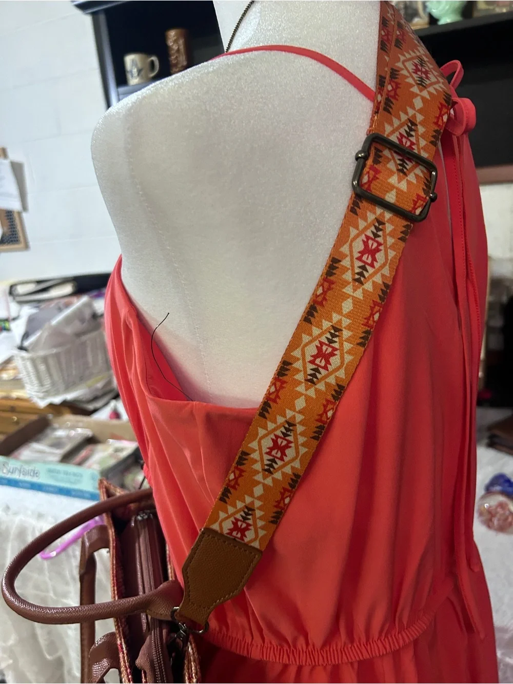 2 Red Aztec-Pattern Crossbody Tote Bags with Removable Strap and bag charm
